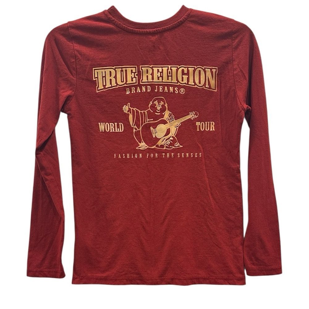True Religion Buddha Graphic T-Shirt Long Sleeve Red Dahlia Gold Horseshoe M 10